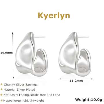 Kyerlyn Chunky Silver Earrings for Women, 14K Silver Plated Geometric Dangle Drop Earrings Statement Irregular Chunky Stud Earrings Trendy Hypoallergenic Fashion Jewelry Gift