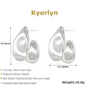 Kyerlyn Chunky Silver Earrings for Women, 14K Silver Plated Geometric Dangle Drop Earrings Statement Irregular Chunky Stud Earrings Trendy Hypoallergenic Fashion Jewelry Gift