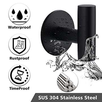 Bntuk Adhesive Towel Hooks, Heavy Duty Wall Hooks Stainless Steel Waterproof Shower Towel Hooks - 4 Pack, Black