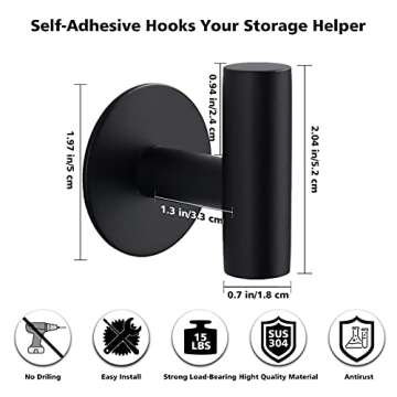 Bntuk Adhesive Towel Hooks, Heavy Duty Wall Hooks Stainless Steel Waterproof Shower Towel Hooks - 4 Pack, Black