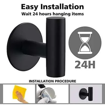 Bntuk Adhesive Towel Hooks, Heavy Duty Wall Hooks Stainless Steel Waterproof Shower Towel Hooks - 4 Pack, Black