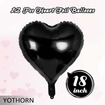 12 Pcs Black Heart Balloons - 18 Inch Heart Foil Mylar Balloons for Birthday Party, Wedding, Baby Sh...