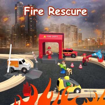 Giant bean 72PCS Fire Station Wooden Train Tracks & Train Set, Gift Packed Toy Railway Kits for Kids...