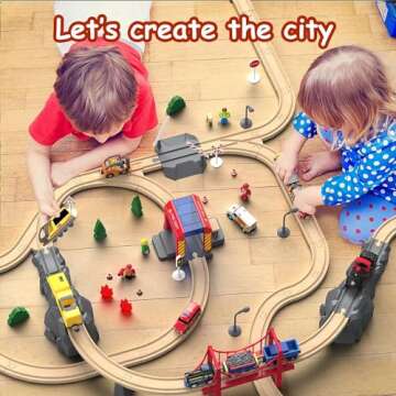 Giant bean 72PCS Fire Station Wooden Train Tracks & Train Set, Gift Packed Toy Railway Kits for Kids, Toddler Boys and Girls 3,4,5 Years Old and Up, Christmas Birthday Gift Toy for Kids