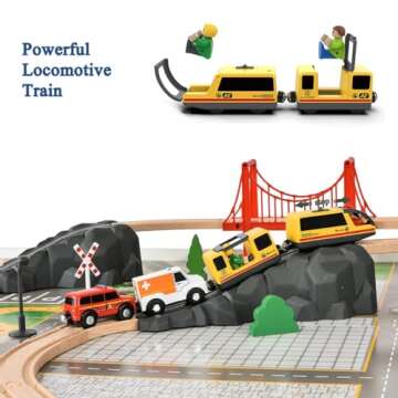 Giant bean 72PCS Fire Station Wooden Train Tracks & Train Set, Gift Packed Toy Railway Kits for Kids, Toddler Boys and Girls 3,4,5 Years Old and Up, Christmas Birthday Gift Toy for Kids