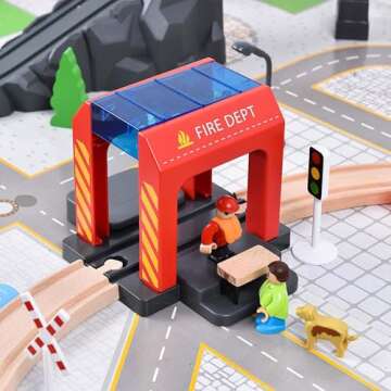 Giant bean 72PCS Fire Station Wooden Train Tracks & Train Set, Gift Packed Toy Railway Kits for Kids, Toddler Boys and Girls 3,4,5 Years Old and Up, Christmas Birthday Gift Toy for Kids