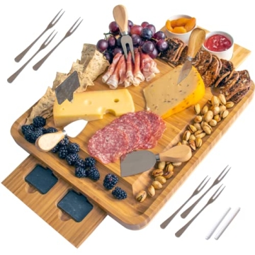 ROOTS TO TABLE Natural Bamboo Cheese Board and Knife Set. Wood Charcuterie Board Set is Ideal Servin...