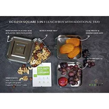 ecozoi Stainless Steel Lunch Box, 3-in-1 Eco Friendly Stackable Bento Box, Plastic Free Meal Prep Food Container, With Bonus Inner Tray, Square (1500 ml or 50 oz)
