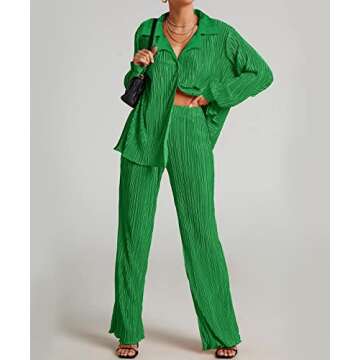 KOLAOYEP 2 Piece Outfits for Women Wide Leg Pants Sets Casual Long Sleeve Button Down Shirt Solid Streetwear Suits