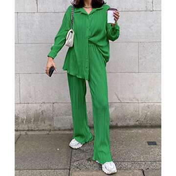 KOLAOYEP 2 Piece Outfits for Women Wide Leg Pants Sets Casual Long Sleeve Button Down Shirt Solid Streetwear Suits