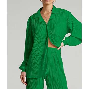 KOLAOYEP 2 Piece Outfits for Women Wide Leg Pants Sets Casual Long Sleeve Button Down Shirt Solid Streetwear Suits