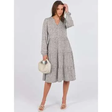 ANRABESS Long Sleeve Dress for Women V Neck 2025 Spring Fashion Casual Loose Fit Flowy Swing Tiered Vacation Dresses Khaki Polka Dot Large