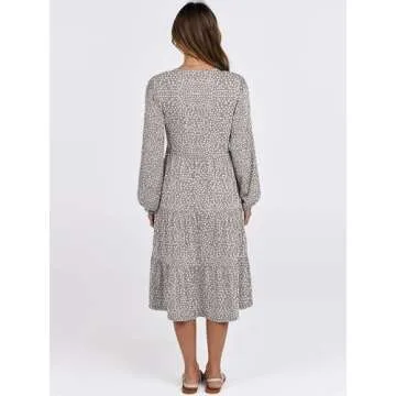 ANRABESS Long Sleeve Dress for Women V Neck 2025 Spring Fashion Casual Loose Fit Flowy Swing Tiered Vacation Dresses Khaki Polka Dot Large