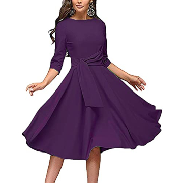 Women's Elegance Audrey Hepburn Style Ruched Dress Round Neck 3/4 Sleeve Swing Midi A-line Dresses P...