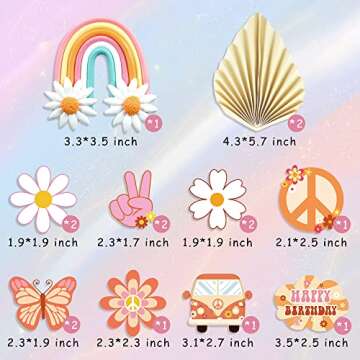 15 PCS Groovy Cupcake Toppers Boho Rainbow Cake Topper Hippie Party Decorations with Flower Bus Happ...