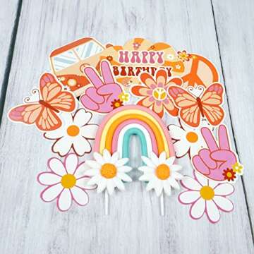 15 PCS Groovy Cupcake Toppers Boho Rainbow Cake Topper Hippie Party Decorations with Flower Bus Happy Birthday for Girl 2nd Birthday Party 60s Theme Boho Groovy Party Supplies (Bohemia)
