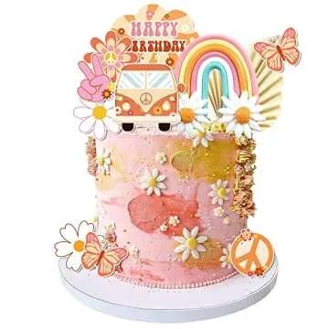 15 PCS Groovy Cupcake Toppers Boho Rainbow Cake Topper Hippie Party Decorations with Flower Bus Happy Birthday for Girl 2nd Birthday Party 60s Theme Boho Groovy Party Supplies (Bohemia)