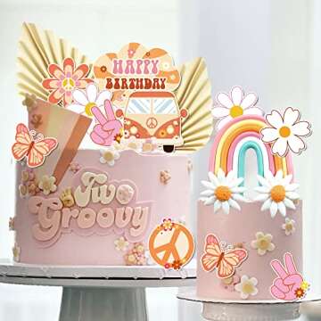 15 PCS Groovy Cupcake Toppers Boho Rainbow Cake Topper Hippie Party Decorations with Flower Bus Happy Birthday for Girl 2nd Birthday Party 60s Theme Boho Groovy Party Supplies (Bohemia)