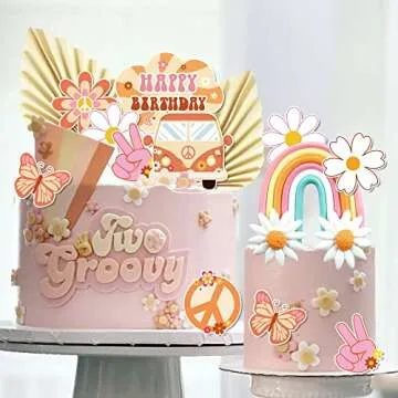 15 PCS Groovy Cupcake Toppers Boho Rainbow Cake Topper Hippie Party Decorations with Flower Bus Happy Birthday for Girl 2nd Birthday Party 60s Theme Boho Groovy Party Supplies (Bohemia)
