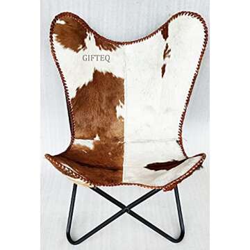GifteQ Leather Butterfly Chair for Living Room for Adults Cow Print/Cowhide Western Accent Chair for Relaxing with Foldable Iron Frame Brown Boho Alite Chair for Home Decor (Hairon White & Brown)