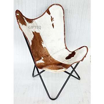 GifteQ Leather Butterfly Chair for Living Room for Adults Cow Print/Cowhide Western Accent Chair for Relaxing with Foldable Iron Frame Brown Boho Alite Chair for Home Decor (Hairon White & Brown)