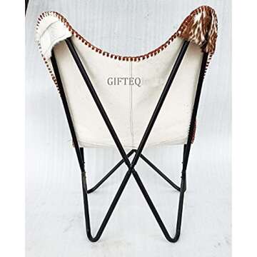 GifteQ Leather Butterfly Chair for Living Room for Adults Cow Print/Cowhide Western Accent Chair for Relaxing with Foldable Iron Frame Brown Boho Alite Chair for Home Decor (Hairon White & Brown)