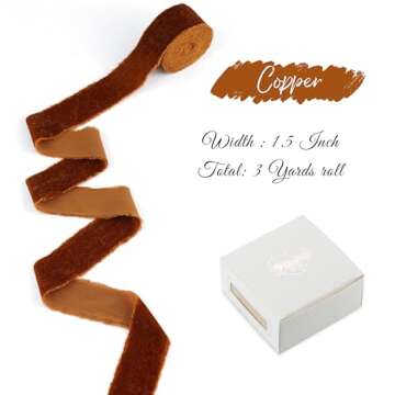 DINDOSAL Copper Velvet Ribbon 1.5 inch Copper Frayed Velvet Ribbon Copper Raw Edge Ribbon for Wreath...