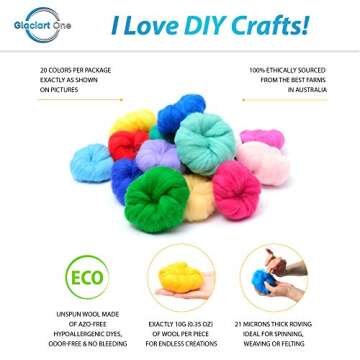 Glaciart One Spinning Fiber Merino Wool - Super Soft 20 Colors (7oz/200gram Pack) Unspun Roving Wool...