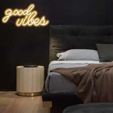 DECANIT Good Vibes Neon Sign for Wall Decor，Powered by USB Neon Light for Bedroom Decor, Warm White Color,16.1"x 8.3"x 0.6"