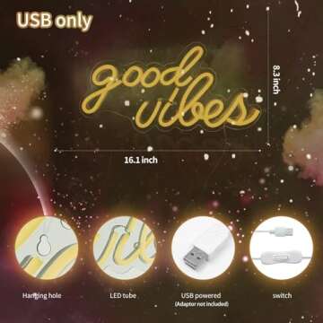 DECANIT Good Vibes Neon Sign for Wall Decor，Powered by USB Neon Light for Bedroom Decor, Warm White Color,16.1"x 8.3"x 0.6"