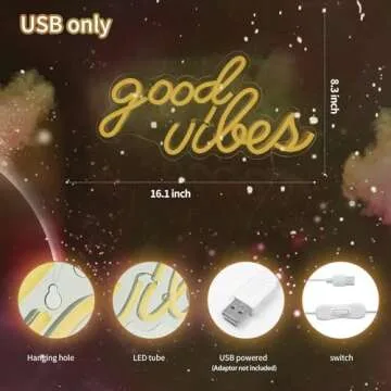 DECANIT Good Vibes Neon Sign for Wall Decor，Powered by USB Neon Light for Bedroom Decor, Warm White Color,16.1"x 8.3"x 0.6"