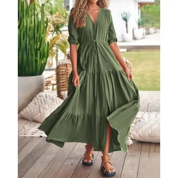 BTFBM Women Short Sleeve Summer Dresses Casual Boho Dresses Relaxed Fit Baby Shower Dresses(Solid Army Green, XX-Large)