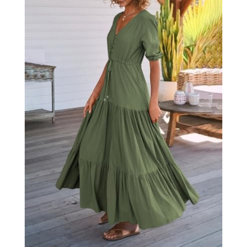 BTFBM Women Short Sleeve Summer Dresses Casual Boho Dresses Relaxed Fit Baby Shower Dresses(Solid Army Green, XX-Large)