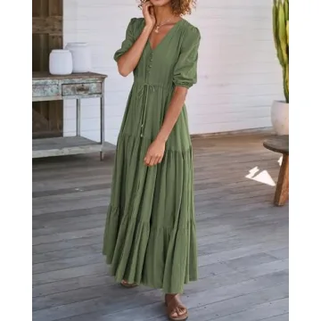 BTFBM Women Short Sleeve Summer Dresses Casual Boho Dresses Relaxed Fit Baby Shower Dresses(Solid Army Green, XX-Large)