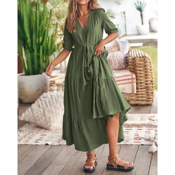 BTFBM Women Short Sleeve Summer Dresses Casual Boho Dresses Relaxed Fit Baby Shower Dresses(Solid Army Green, XX-Large)