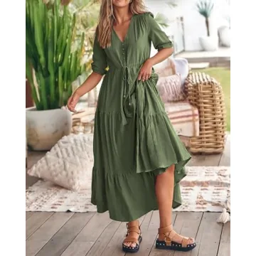 BTFBM Women Short Sleeve Summer Dresses Casual Boho Dresses Relaxed Fit Baby Shower Dresses(Solid Army Green, XX-Large)