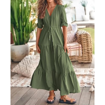 BTFBM Women Short Sleeve Summer Dresses Casual Boho Dresses Relaxed Fit Baby Shower Dresses(Solid Army Green, XX-Large)