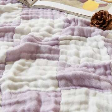EMME Checkered Throw Blanket Cotton for Couch Soft Muslin Blankets 50"x60" Lightweight Breathable Soft Blanket All Season Gauze Blanket, Lavender