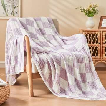 EMME Checkered Throw Blanket Cotton for Couch Soft Muslin Blankets 50"x60" Lightweight Breathable Soft Blanket All Season Gauze Blanket, Lavender