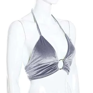 Women Halter Backless Camis Streetwear Club Patchwork Camisole Light Gray