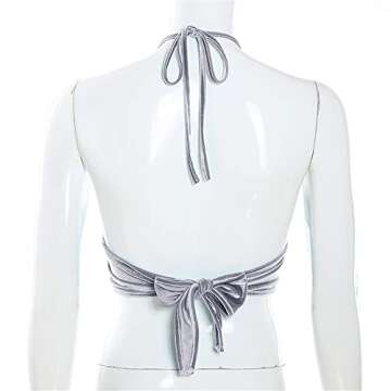 Women Halter Backless Camis Streetwear Club Patchwork Camisole Light Gray