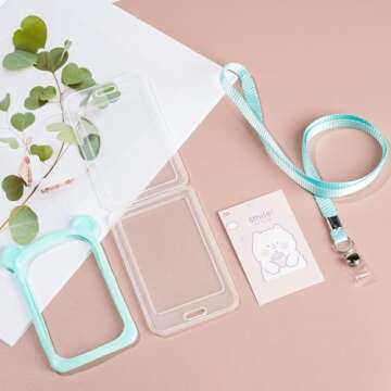 IUAQDP 4 Pieces Little Bear Ear ID Badge Holder with Flat Neck Lanyard, Cute Cartoon Animal Name Card Case Nametags Protector, Hanging Credit Card Cover for Nurse Student Women Girl Boy School Office