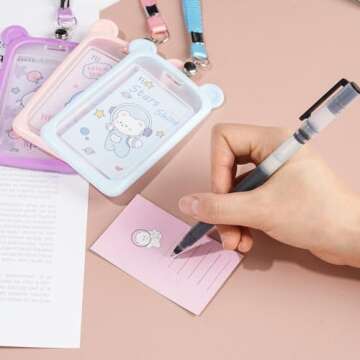 IUAQDP 4 Pieces Little Bear Ear ID Badge Holder with Flat Neck Lanyard, Cute Cartoon Animal Name Card Case Nametags Protector, Hanging Credit Card Cover for Nurse Student Women Girl Boy School Office