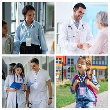 IUAQDP 4 Pieces Little Bear Ear ID Badge Holder with Flat Neck Lanyard, Cute Cartoon Animal Name Card Case Nametags Protector, Hanging Credit Card Cover for Nurse Student Women Girl Boy School Office