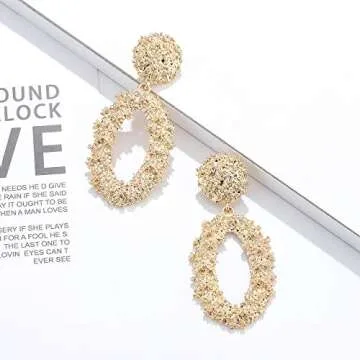 Statement Drop Earrings For Women Boho Textured Dangle Earrings Gorgeous Geometric Oval Raised Earrings (gold)