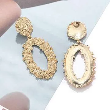 Statement Drop Earrings For Women Boho Textured Dangle Earrings Gorgeous Geometric Oval Raised Earrings (gold)