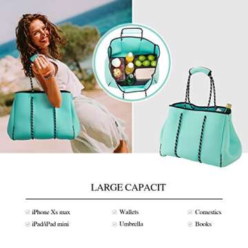 LMYYG Beach bag,Multipurpose Neoprene Bag,Large Tote Bag,Waterproof Shoulder Beach Bag for Travel Beach Gym Swimming,Gift for girls women(L-Green)