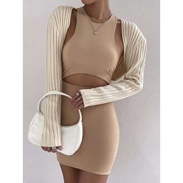 WDIRARA Women's Open Front Drop Shoulder Rib-Knit Long Sleeve Cropped Cardigan Shrug Apricot M