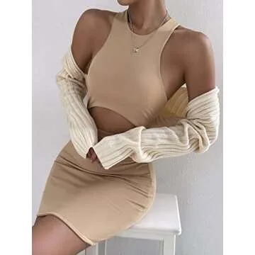 WDIRARA Women's Open Front Drop Shoulder Rib-Knit Long Sleeve Cropped Cardigan Shrug Apricot M