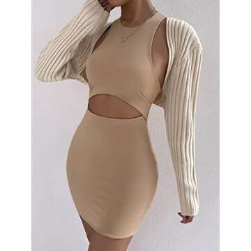 WDIRARA Women's Open Front Drop Shoulder Rib-Knit Long Sleeve Cropped Cardigan Shrug Apricot M